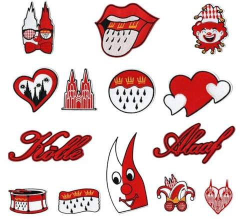 14 Stück Kölner Karneval Rot Weiß Bügelflicken,Patches Köln | süße bestickte Reparaturflicken,Karneval Köln Accessoires,Patches Flicken,für Hosen, Hüte, Kleidung, Jeans