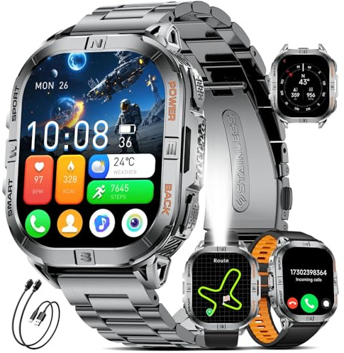 GPS Smartwatch Herren Militär mit 2.13 AMOLED/LED Taschenlampen, 5ATM Wasserdicht Fitnessuhr,600mAh Akku Kompass Smartwatch mit Telefonfunktion, 110 Sportmodi, Pulsmesser/Schlafmonitor/Android/iOS