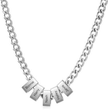 Collier Personnalisé pour Homme Avec 1 à 6 Prénoms Chaîne en Acier inoxydable pour Papa Mari Petit ami Cadeau Personnalisé pour Noël, Saint-Valentin,Fête des Pères,Anniversaires (bead-5 nom)