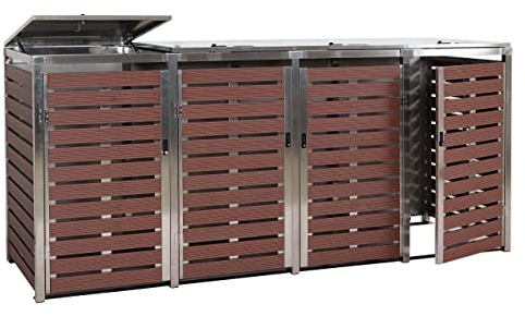 PROREGAL 4er Mülltonnenverkleidung, HxBxT 120x264x85 cm, Walnuss-Holzoptik, Mülltonnenbox Mülltonnenabdeckung WPC Edelstahl 128kg