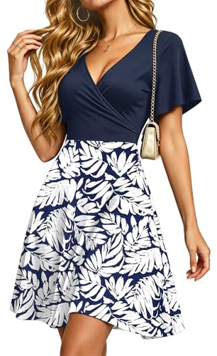 PLMOKEN Summer Dresses Women UK Casual V Neck Wrap Dresses with Pockets | Ladies Sexy Warp Floral Beach Dress Empire Waist Ruffle Sleeve Mini Wedding Guest Dress