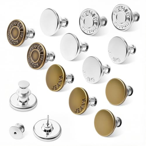 12-Sets Button Pins for Loose Jeans - No Sew and No Tools Instant Replacement Snap Tack Pant Buttons - Reusable and Adjustable Metal Jean Pants Button Tightener