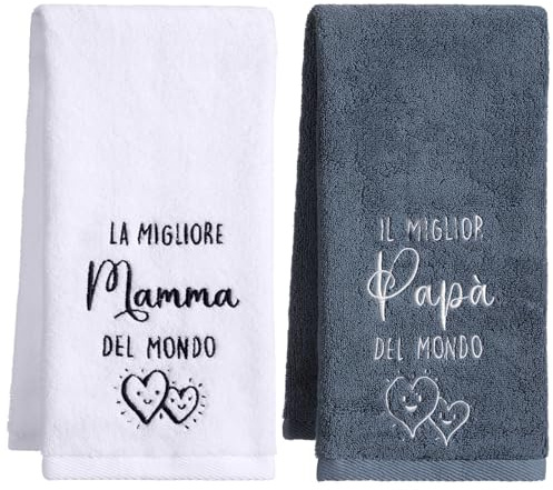 Photect Set Regali per Mamma e Papa Asciugamani Genitori con Ricamo 35 x 75 cm Regalo di Natale Compleanno Anniversario Festa Papà Mamma Asciugamano(Genitori)