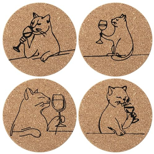 4er-Set Untersetzer Kork Rund mit lustigen Katzenmotiven für Gläser | Runde Korkuntersetzer mit vier Katzenmotiven, praktische Tischunterlagen für Tassen und Gläser zu Hause oder an der Bar.