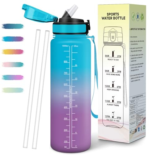 Mulbijeo Borraccia 1 Litro, Libre de BPA & Reutilizables, Borracce con Cannuccia, A Prova di Perdita, Borraccia Motivazionale, Portatile, Borracce Palestra per Scuola, Palestra, Ufficio, Festa