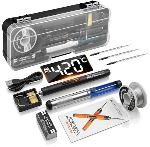 Cordless Soldering Iron Kit with LCD Display - Rechargeable USB C Soldering Iron Adjustable Temperature 260℃-420℃, with Solder Sucker 3 Soldering Tips Portable 1000mAh Electric Soldering Irons Pen
