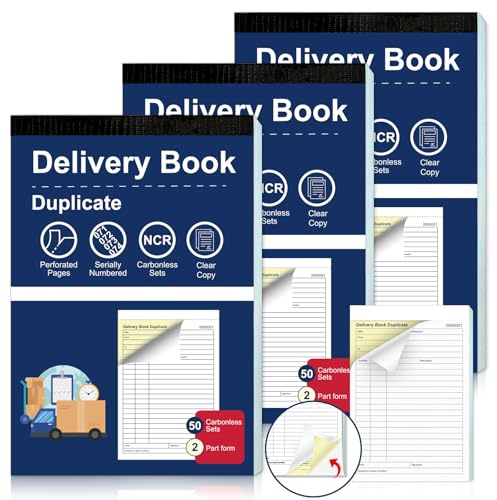 3 Pack Delivery Note Book A5 Tear-Off Duplicate Delivery Book NCR 2-Part Carbonless Paper 50 Sets per Book 148 x 210mm Integrated Cardboard Backing Board Blue