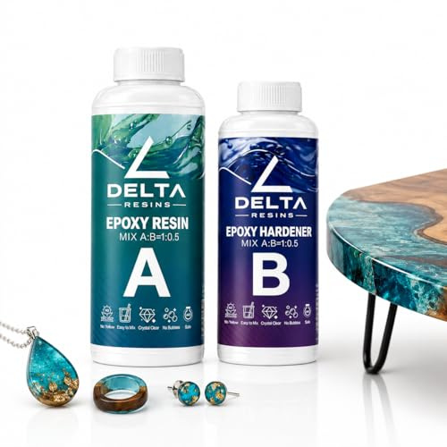 Resina epossidica Delta Crystal ultra trasparente professionale in rapporto 1:0,5 per Tavoli Legno, Tavolo, Fabbricazione di gioielli, Decorazione artigianale (la più usata) - Delta Resins (0,75 Kg)