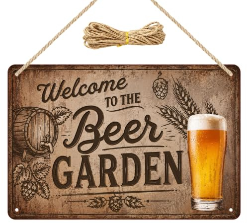 Biergarten Schild Metall Vintage Deko 30x20 cm mit Jutekordel, Blechschilder Retro für Garten Terrasse Bar Keller, Biergarten Geschenk für Männer, Gartenschilder für Draußen Wetterfest