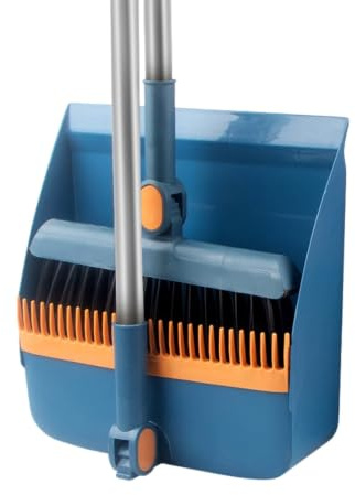3 in 1 Dustpan and Brush Sets with Floor Scrub Brush, Upright Broom and Dustpan Set with Built-in Hair Comb, Stainless Steel Long Handle, Space Saving Cleaning Kit for Home Kitchen Pet Hair (Blue)