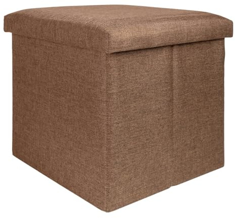 INTIRILIFE Faltbarer Sitzhocker 38x38x38 cm in Bernstein BRAUN - Sitzwürfel mit Stauraum und Deckel aus Stoff in Leinen Optik - Sitzcube Fußablage Aufbewahrungsbox Truhe Sitzbank