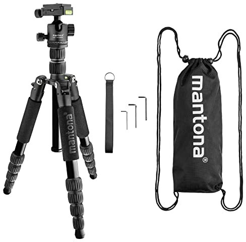 Mantona Light Traveller Reisestativ 131,5 cm schwarz, Kamerastativ aus Aluminium bis 5 kg Traglast, leichtes Fotostativ mit Kugelkopf und Arca-Swiss-Schnellwechselplatte, Tripod und Monopod