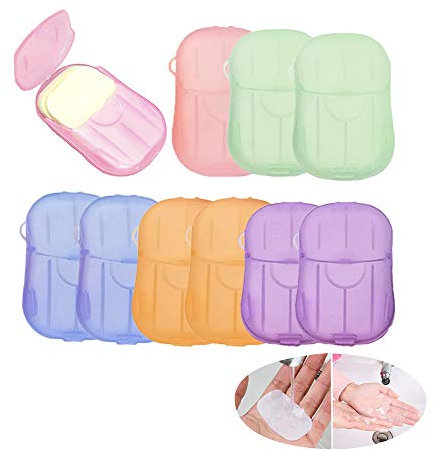 HMIEPRS 10 Pack Portable Disposal Paper Soap Sheets Disposable Film Foaming Paper Soap for Travel Outdoor Washing Hand Toiletry Bath Use with Slide Storage Box,Random Colors