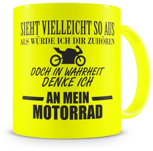 Samunshi® Tasse mit Spruch Ich denke an mein Motorrad Geschenk für Männer Kaffeebecher Kaffeepott 300ml neon gelb