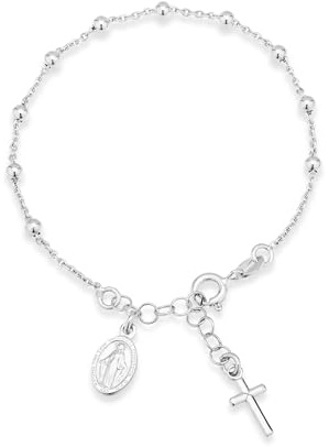 Miabella 925 Sterling Silver Italian Rosary Cross Bead Charm Link Chain Bracelet for Women, Adjustable, Made in Italy (Length 6-7 Inch)