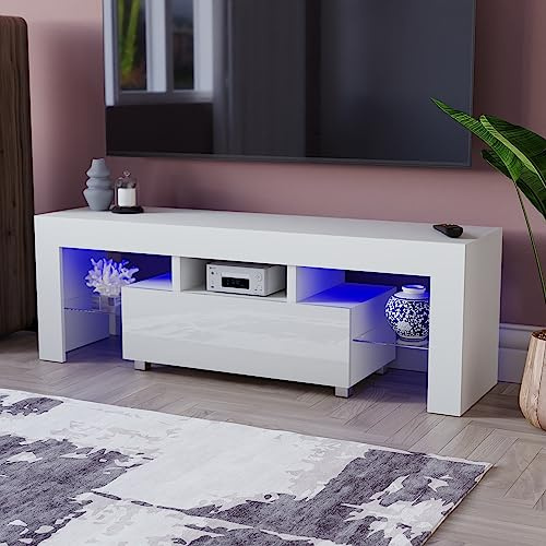 Vida Designs Luna Meuble TV LED 1 tiroir Moderne Brillant Mat MDF RVB Blanc Clair 45 x 130 x 35 cm
