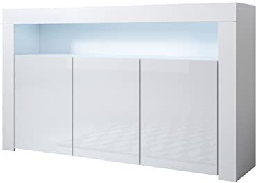 MB Muebles Bonitos | Aparador Mueble TV con LED | Armario para Salón Comedor Moderno | Aparador 3 Puertas | Ancho 155 x Alto 91,5 x Profundo 37cm | Color Blanco | Acabado Brillo | Modelo Aker