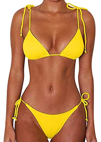CheChury Damen Einfarbig Bandage Bikini Set Badeanzug Mit Triangle Bikinihose Brasilianische Badebekleidung Zweiteilig Push Up Bademode Swimsuit,Gelb,L