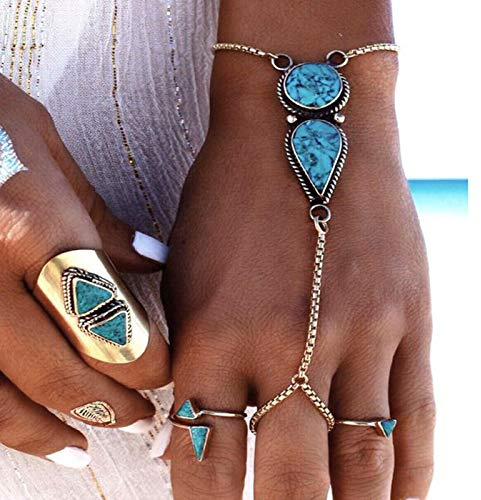 TseenYi 1 pulsera de plata turquesa con anillo de dedo para mujer, cadena de esclavo bohemio, collar de mano para mujeres y niñas, 1 Stück (1er Pack), Piedra