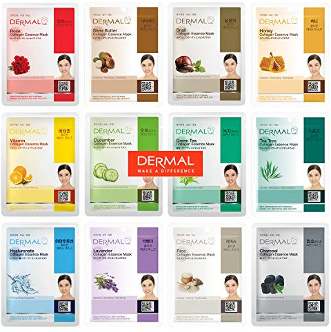 DERMAL 12 Combo Pack Collagen Essence Korean Face Mask Best Value Set - Hydrating & Soothing Facial Mask with Panthenol - Hypoallergenic Sheet Mask for All Skin Types - Natural Home Spa Treatment Mask