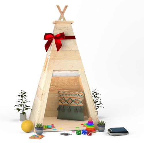 Big Game Hunters Wooden Teepee Playhouse – Indoor & Outdoor Children’s Wigwam with Floor, White Roll Blinds & Perspex Window – Quick-Build Garden & Bedroom Den for Kids