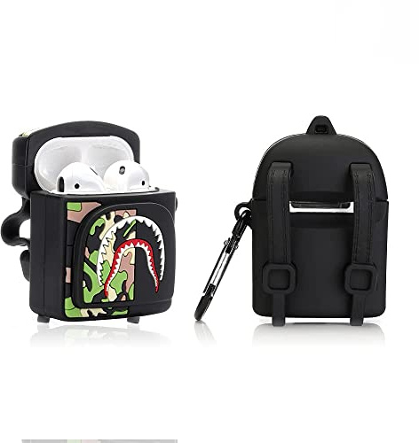 Derhom Silikon Niedliche Lustige Abdeckung Kompatibel mit Apple Airpods 1&2 [Taschenserie] (Black Shark)