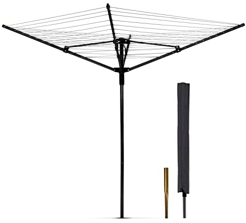 MYOYAY Séchoir à linge rotatif à 4 bras XXL avec corde à linge de 50 m, pliable, pour la famille, avec manchon de sol et housse de protection