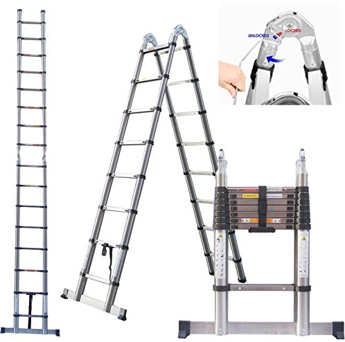 Folding Ladders Telescopic Ladder 5 Metre, 16 Steps A-Frame Extension Ladders Multi Purpose Telescopic Step Ladder with Stabiliser, Loft Ladders Extendable Retractable Ladder for Garden Loft Office