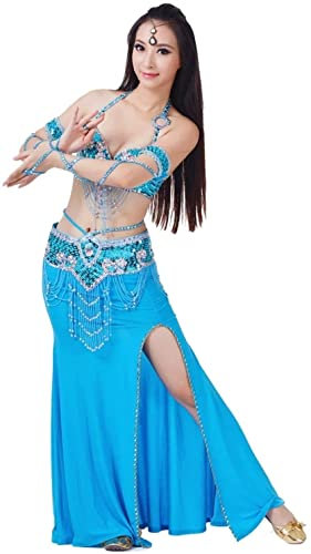 Bauchtanz-Rock-Set Damen Bauchtanz-Kostüm BH-Gürtel-Rock-Set Tanzkleidung, handbesetzte Bauchtanz-Performance-Sets für Fitness, Sport, Tanz, Yangko (Lake Blue MC)