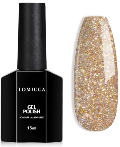 TOMICCA UV-nagellack, jul, glitter-guld, 15 ml, avtagbart gelnagellack, torkas med UV-/LED-lampa, för manikyr, gel, guld, nagelkonst, salong gör-det-själv