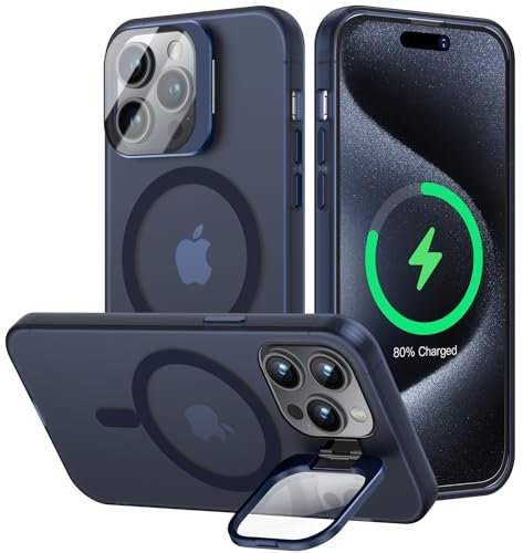 OLHAOMAO iPhone 15 Pro Max Kameraschutz Hülle mit Unsichtbar Ständer, Dünn Magnetische Stoßfeste Handyhülle für iPhone 15 Pro Max Schutzhülle Matte Blau