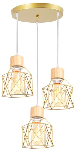 iDEGU 3-flammig Hängelampe Vintage aus Holz Metall Lampe im Industrie Design Käfig Lampenschirm E27 Deckenleuchte Retro Pendelleuchte für Esszimmer, Schlafzimmer, Küche, Flur (Holz, Rondell, Gold)