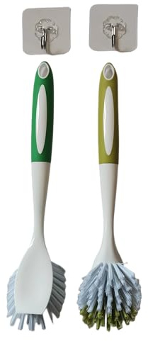 MIEGUIWOR Brosse à Vaisselle 2 Pièces, Brosse de Nettoyage de Cuisine avec Grattoir, Brosse Vaisselle pour Le Nettoyage de La Cuisine, du Sol, Plats, Casseroles, Poêles (Vert+Jaune)