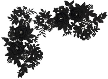 SYSUII 1 Paar 3D Stickerei Perlen Spitze Applikation Blumen Strass Spitzenstoff Bestickte Perlen Blumenapplikation Aufnäher für DIY Ausschnitt Hochzeit Brautkleid Kleidung Dekoration-Schwarz