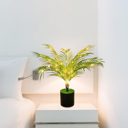 BEIJIALY Fake Plants Monstera Palm Tree, USB Powered Faux Large Potted Plant Fake Silk Trees, Artificial Potted Faux Plants with LED Lights for Indoor Outdoor House(Areca Palm-Green)