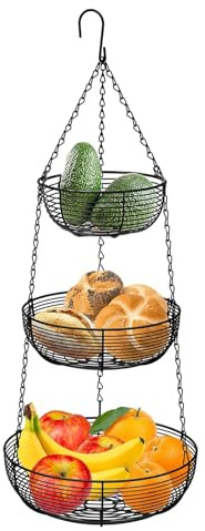 Accmuzzy 3-dagars hängande fruktkorg, metall svart fruktkorg hängande med krok, justerbar hängande korg för kök, perfekt för förvaring av frukt, grönsaker, bröd och mat
