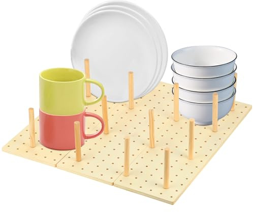 Stecktafel Schublade Organiser, 3 Stück Holz Peg Board System mit 34 Holzstab, Einstellbare Holz Teller Organizer Tablett, Schublade Organizer für Geschirr, Küche Stecktafel für Lebensmittelbehälter