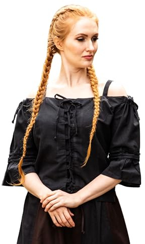 Leonardo Carbone® Prina - Blusa con tirantes ajustables para mujer, con cordones en la parte delantera, carnaval, Halloween, cosplay, talla medieval, vikingo, disfraz de algodón, Negro , XXL