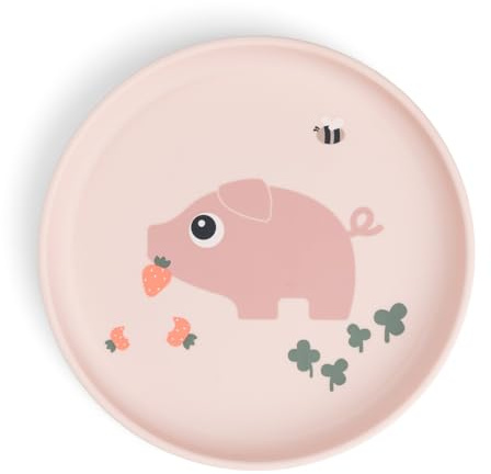 Done by Deer Foodie Teller Tiny farm Rosa, Ø20 – Plastikteller mit praktischer rutschfeste Unterseite – Kinderteller aus 100% PP in Lebensmittelqualität mit rutschfestem TPE