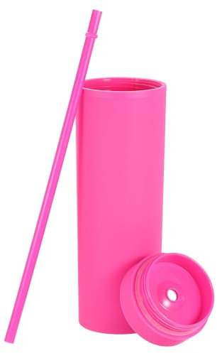 QUARKZMAN Bicchiere a Doppia Parete con Cannuccia e Coperchio, 16 Oz Acrilico Dritto Bulk Riutilizzabile Tazza Fredda Trasparente Tazza Caffè Freddo per Feste Compleanni, Rosso Rosa Opaco