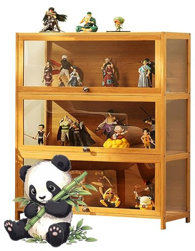 uofgcru Bambou Bücherregal Vitrinenschrank,glasvitrine stehend, Sammlervitrine,Hängevitrine,Wandregal Glasvitrine,Wandvitrine,Hängeregal,Schaukasten-106x70x33cm(3 Tier) Brown