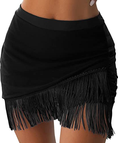 High Waist Baderock Damen Bauchweg Fransen,Quasten Strandrock Damen Kurz Große Größen,Schwarz Bikinirock Schwimmrock Damen Übergroßes Sommer Wickelrock Einfarbig Swim Rock Wassersport Bademode Frauen