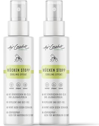 Air Creative - Mückenspray Kinder & Erwachsene - Mückenschutz DEET frei, mit Jojoba-Perlen und Ätherischen Ölen für Pflege und Kühlung - Effektiv gegen Mücken und Schnaken - 2erPack (200ml)