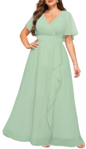 Talisea Plus Size Bridesmaid Dresses Sage Green Mint Formal Wedding Guest Chiffon Short Sleeves A Line Long Dress Curvy Women