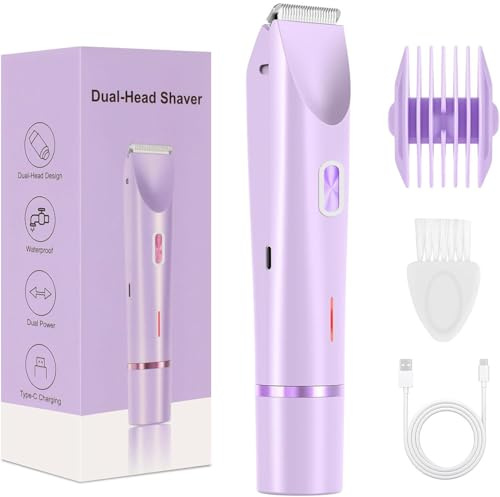 Afeitadora eléctrica de doble cabeza para mujer, recortadora de bikini 2 en 1 para mujer, impermeable, recargable, recortadora de pelo corporal, uso húmedo y seco (morado)