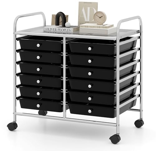 TANGZON 12 Drawers Storage Cart, Rolling Utility Cart with Lockable Wheels, Multipurpose Mobile Trolley Organizer for Home Office Stationery Beauty Salon (Black, 63 x 37 x 63cm)