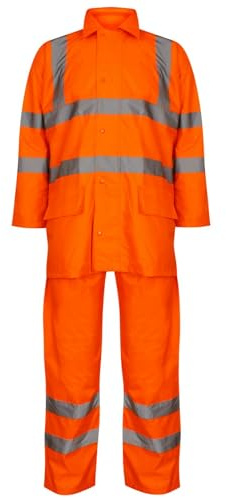 Hi Vis & Plain Unisex Waterproof Rainsuit Set with Hood– 2 Piece Rain Jacket & Trousers –Workwear Wet Weather Top Bottom Suit Reflective Safety Gear for Men & Women S-4XL