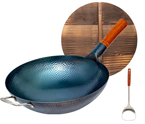 OWOHYG Wok en Fonte, Wok Traditionnel Chinois Professionnel À Fond Rond Martelé À La Main avec Couvercle en Bois Et Poignée en Acier pour Toutes Les Plaques De Cuisson, 36 Cm, 36 Cm