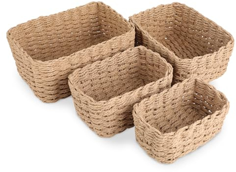 QinOustore Lot de 4 paniers de rangement tressés - Paniers de rangement en corde de papier - Paniers tressés - Paniers de rangement empilables pour salon, cuisine, chambre d'enfant, salle de bain