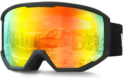 VEVOR Masque de Ski Revêtement Revo Orange Masque de Snowboard OTG, avec Monture TPU, Double Ventilation Anti-buée, Mousse Triple Couche, Lunettes de Motoneige, pour Garçons, Filles, Hommes, Femmes